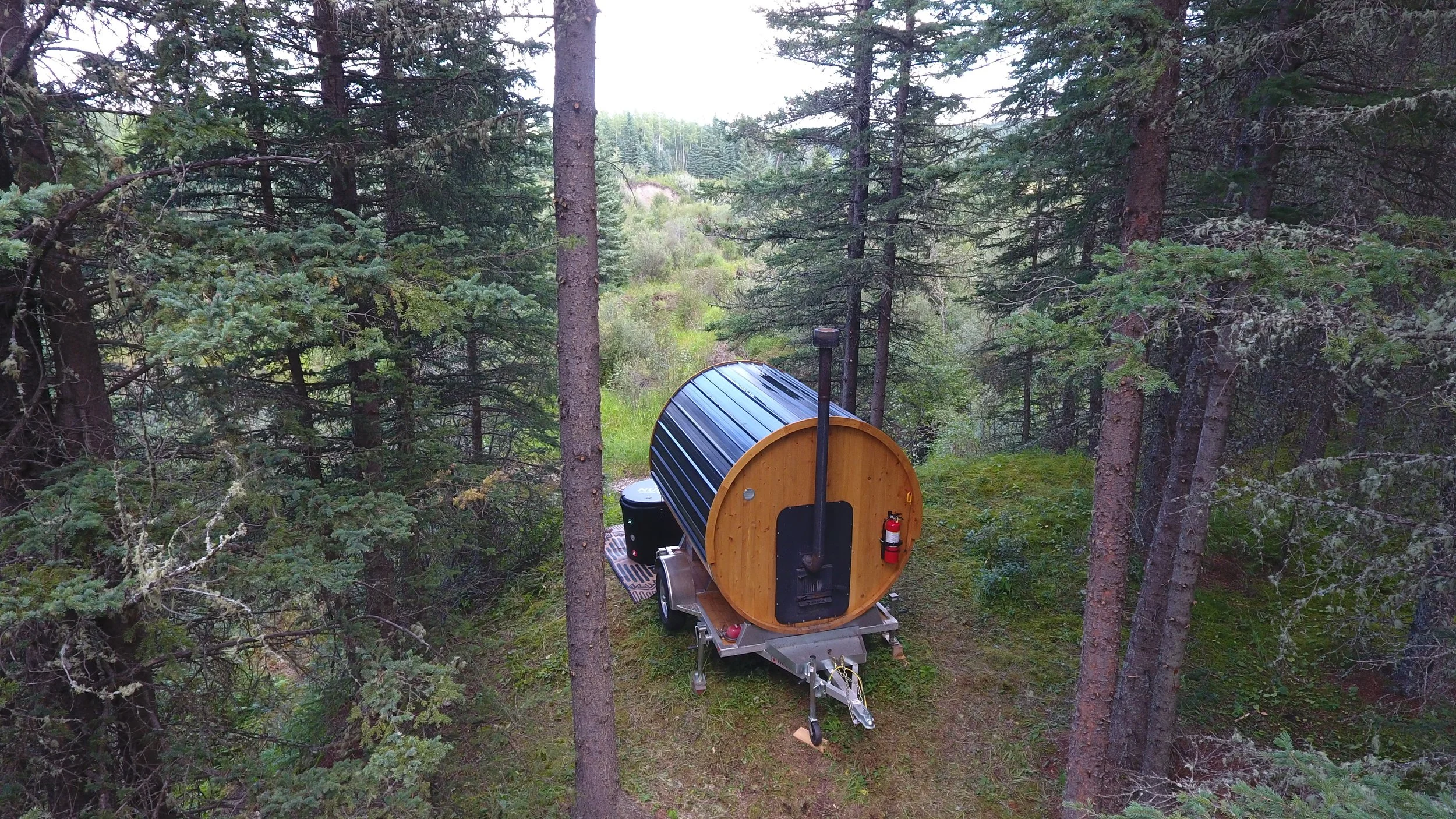 The back of a wood burning Sauna on a wheeled trailer overlooking a private forest with tall trees and green foliage.