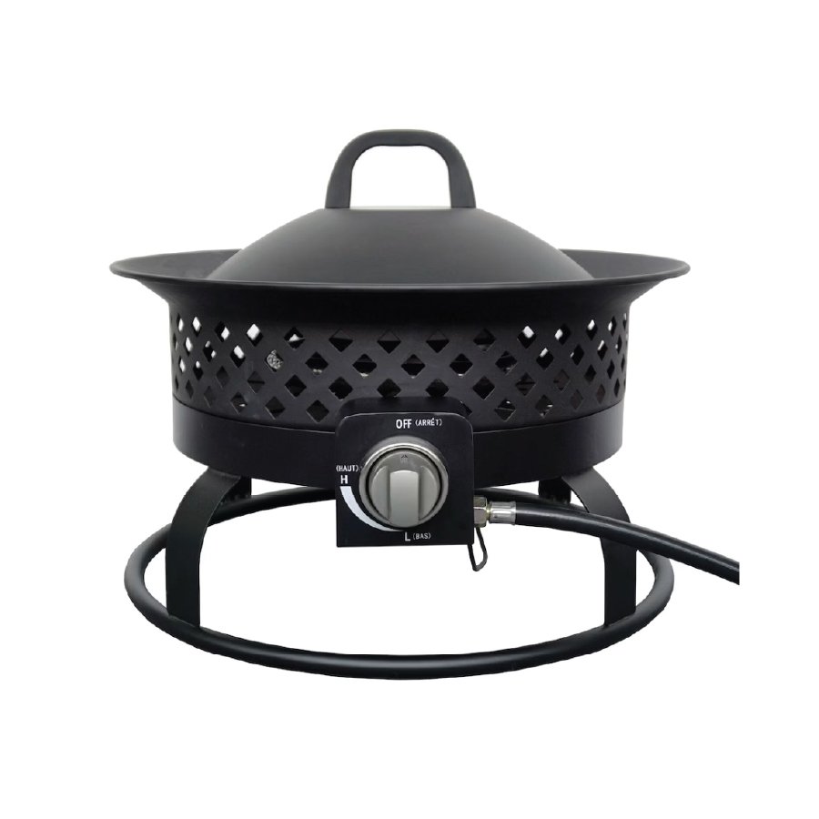 Black outdoor propane fire pit with a circular stand, control knob, and perforated protective cover.