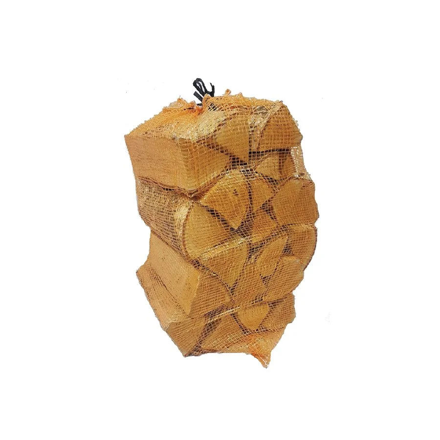 A mesh bag filled with cut firewood logs.