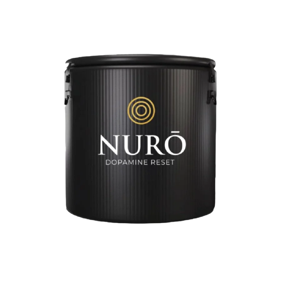 Black cold plunge tub labeled 'NURO Dopamine Reset'