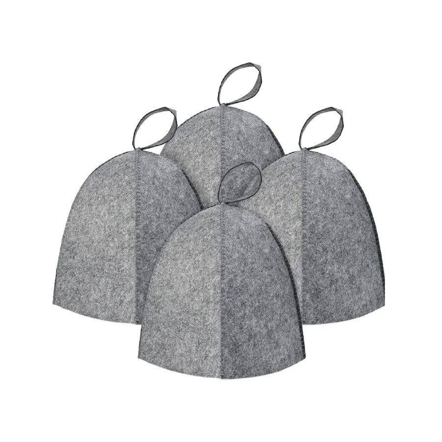 Four grey felt sauna hats with loops at the top
