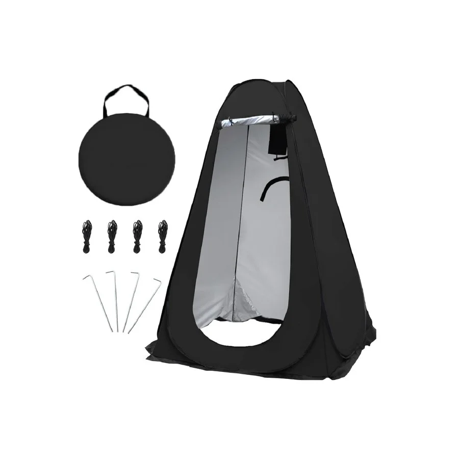 Portable black pop-up tent with accessories, including a carrying bag, four stakes, and four guy lines.