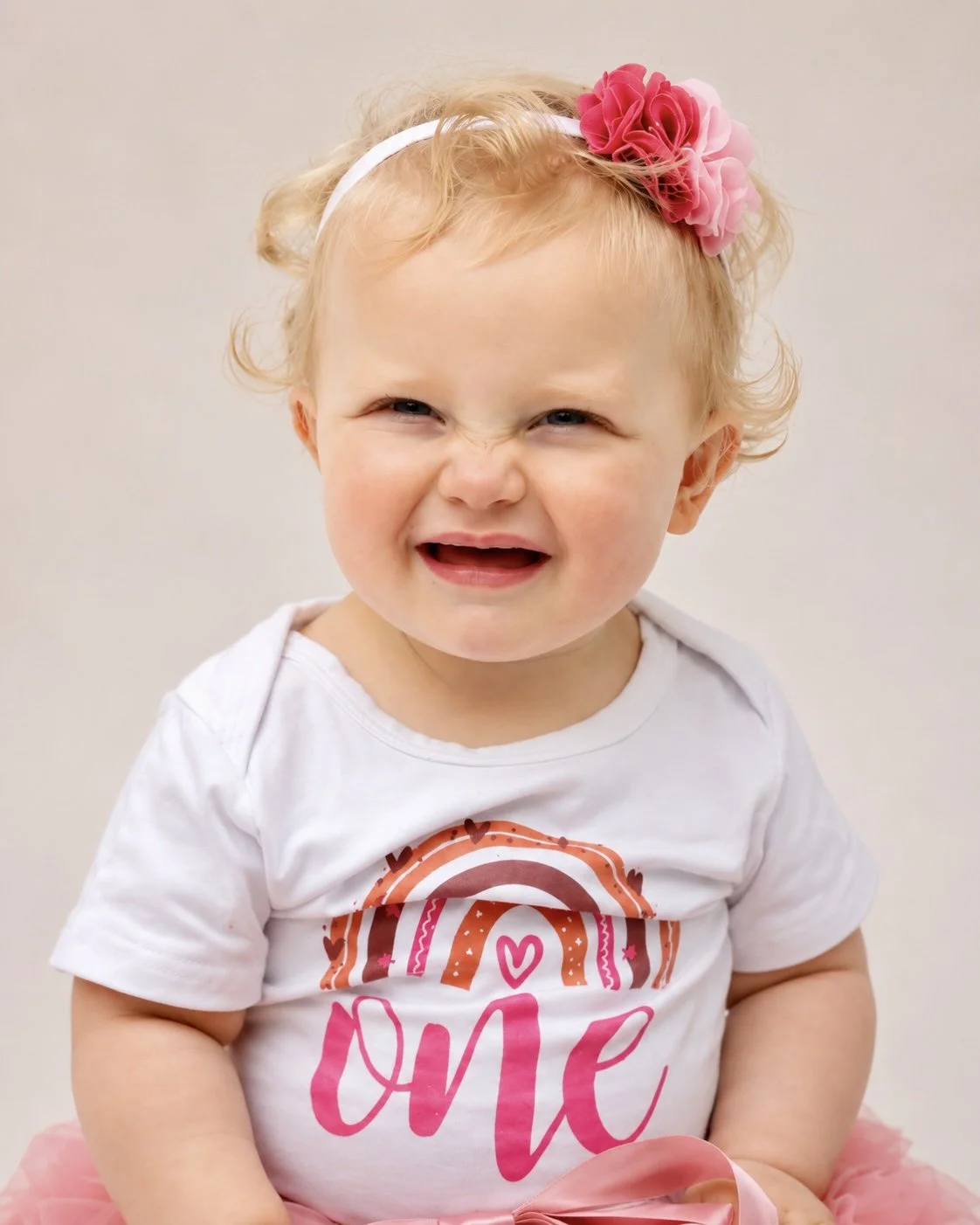 A young girl with curly blonde hair wearing a white shirt with a rainbow and 'love' written on it, a pink tutu, and a pink and red flower headband, makes a scrunched-up face.