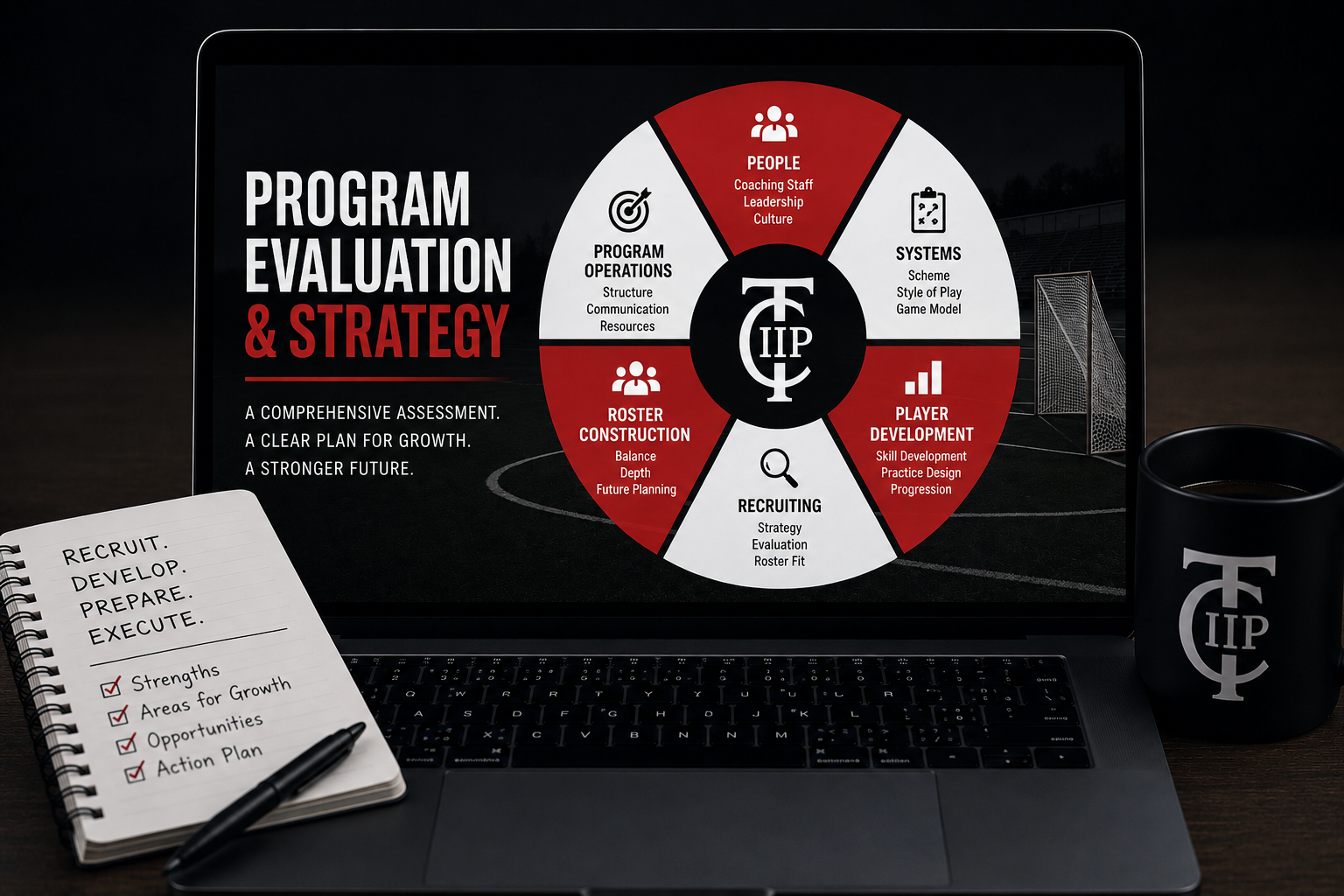 A laptop on a desk displaying a presentation on program evaluation and strategy, featuring a circular diagram with sections labeled People, Systems, Player Development, Recruiting, Roster Construction, Program Operations, and Centered around a logo, with a notebook and mug on the desk.