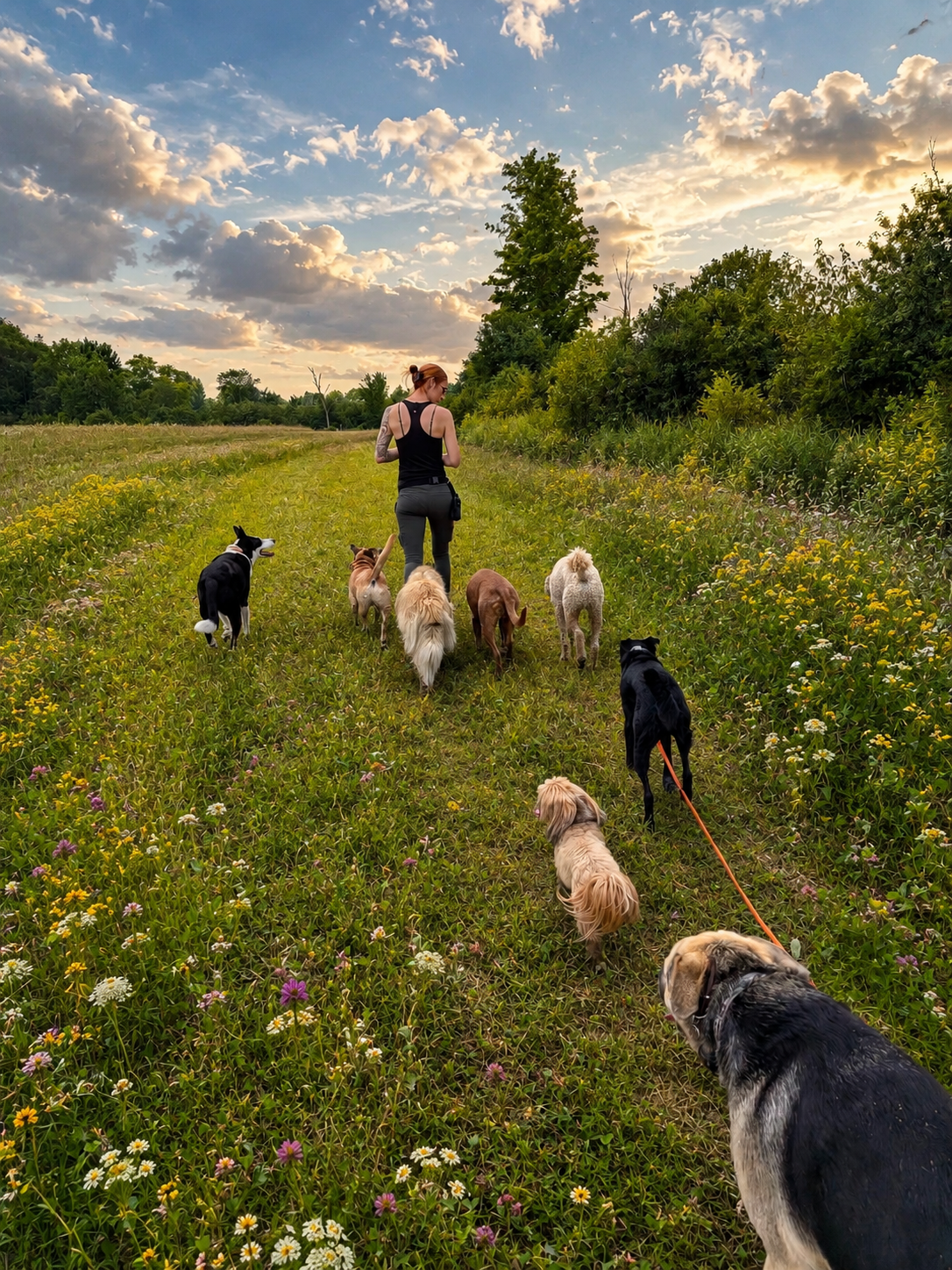 A woman walking with a group of various dogs through a grassy field with wildflowers under a partly cloudy sky at sunset.
