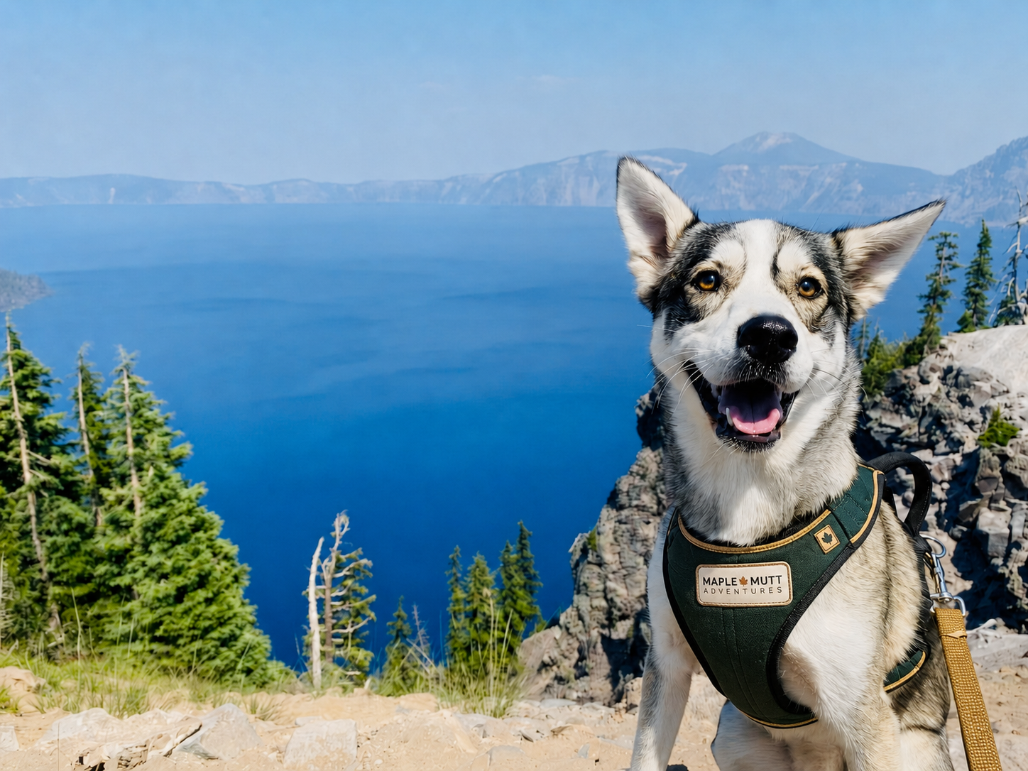 A smiling dog with a harness labeled 'Maple Mutt Adventures' sitting on rocky terrain with a lake, trees, and mountains in the background.