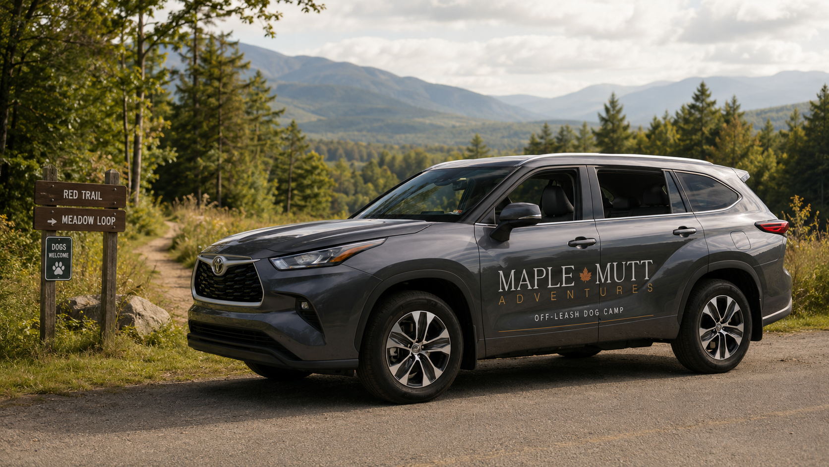 A dark gray Toyota SUV parked on a dirt trail in a forested area with mountains in the background. The vehicle has 'Maple Mutt Adventures' and 'Off-Leash Dog Camp' written on its side. There are signs nearby indicating the trail names 'Red Trail' and 'Meadow Loop,' with a smaller sign that says 'Dogs Welcome.'