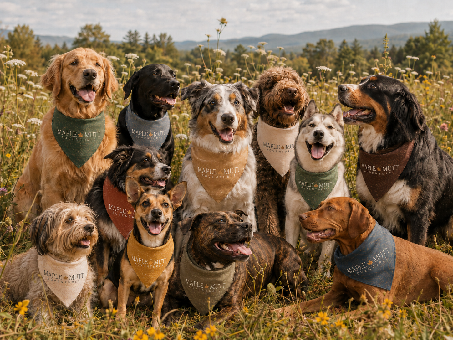 A group of 14 dogs of various breeds, sizes, and colors, sitting in a field of wildflowers with a forest and mountain range in the background. They are wearing bandanas with the text 'Maple Mutt Adventures.' The dogs are smiling and looking happy.