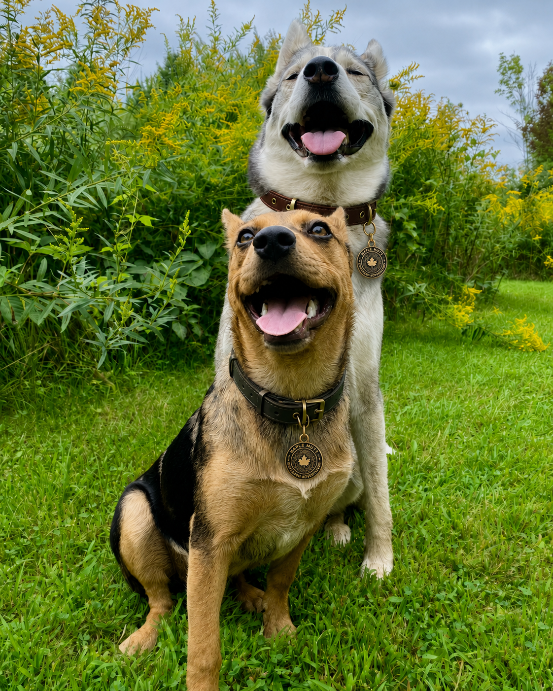Two dogs sitting on green grass with yellow flowering bushes behind them, both with mouths open and tongues out, wearing collars with tags.