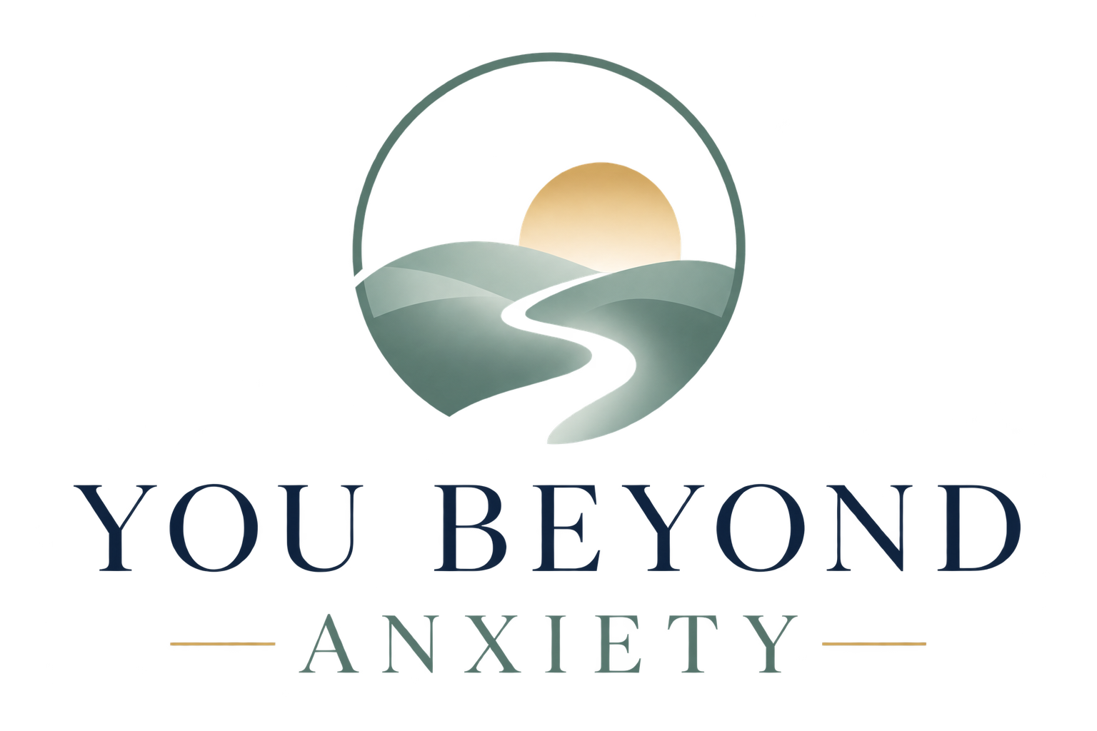 Logo for 'You Beyond Anxiety' featuring stylized mountains, a river, and a sun at sunrise or sunset with the text 'YOU BEYOND ANXIETY' beneath.