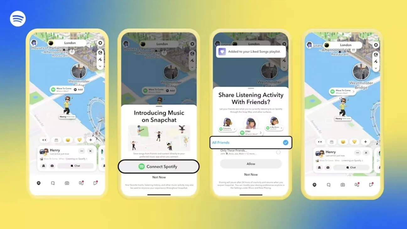 SNAPCHAT NOW LETS USERS SHARE AND SAVE SPOTIFY SONGS VIA SNAP MAP, USED BY 450M PEOPLE A MONTH