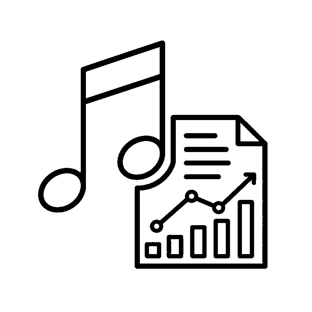 Icon of a musical note and a document with a line graph and bar chart.