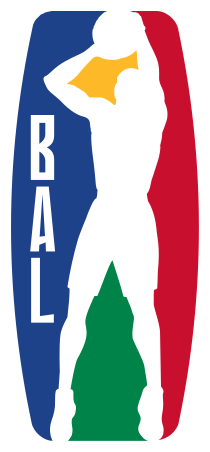 Silhouette of a female figure holding a basketball, with the word 'BASKETBALL' vertically on the left, set against a background resembling the NBA logo with red, white, and blue colors.