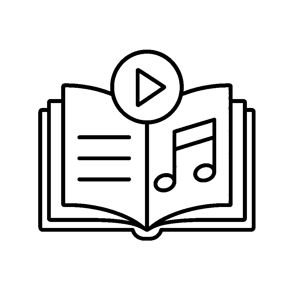 Outline drawing of a book with musical notes on one page and text lines on the other, and a play button above the book indicating media or music playback.