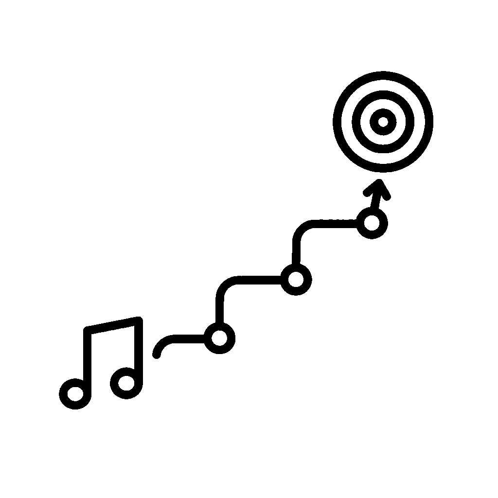 A black and white line art illustration of a music note followed by a series of circles connected by lines, leading to a target symbol with concentric circles.