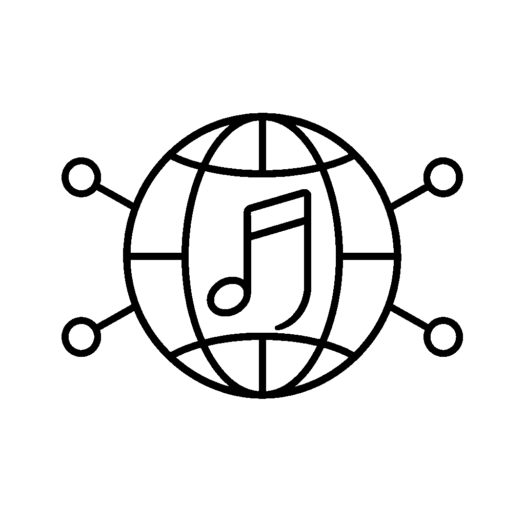 Outline of a globe with a music note inside, connected to six small circles around it.