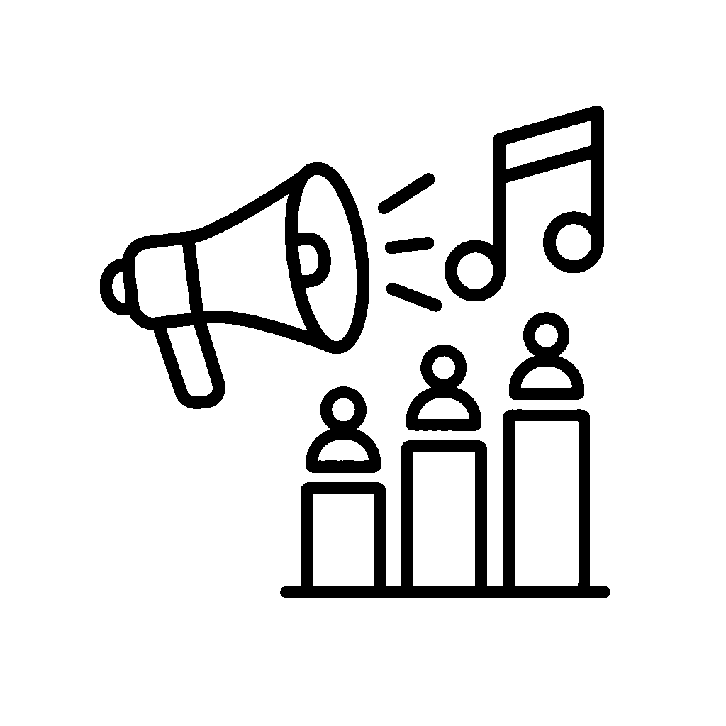 Line drawing of a megaphone announcing music notes and people on bar charts.