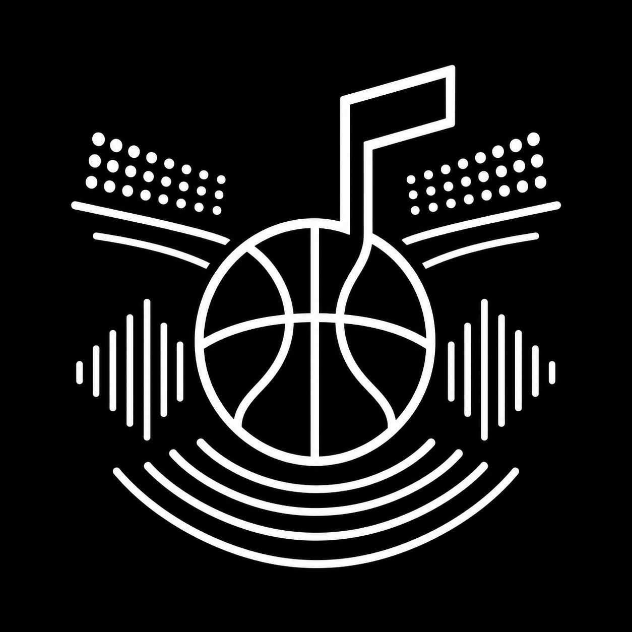 A white line drawing of a basketball with a musical note, sound wave icons, and curved lines on a black background.