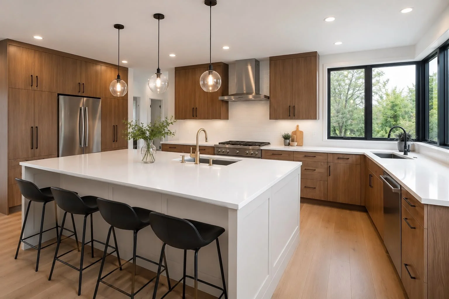Modern kitchen with white island, black barstools, wooden cabinetry, stainless steel refrigerator, and large window showing greenery outside.