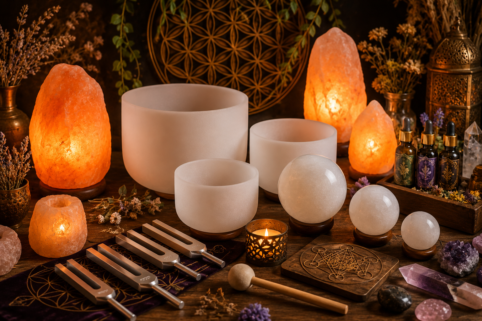 Une table décorée avec des accessoires de guérison tels que des bols tibétains en cristal, des lampes en sel de Schlepp, des bougies, des huiles essentielles, des cristaux et des objets rituels, sur fond de décorations florales et spirituelles.