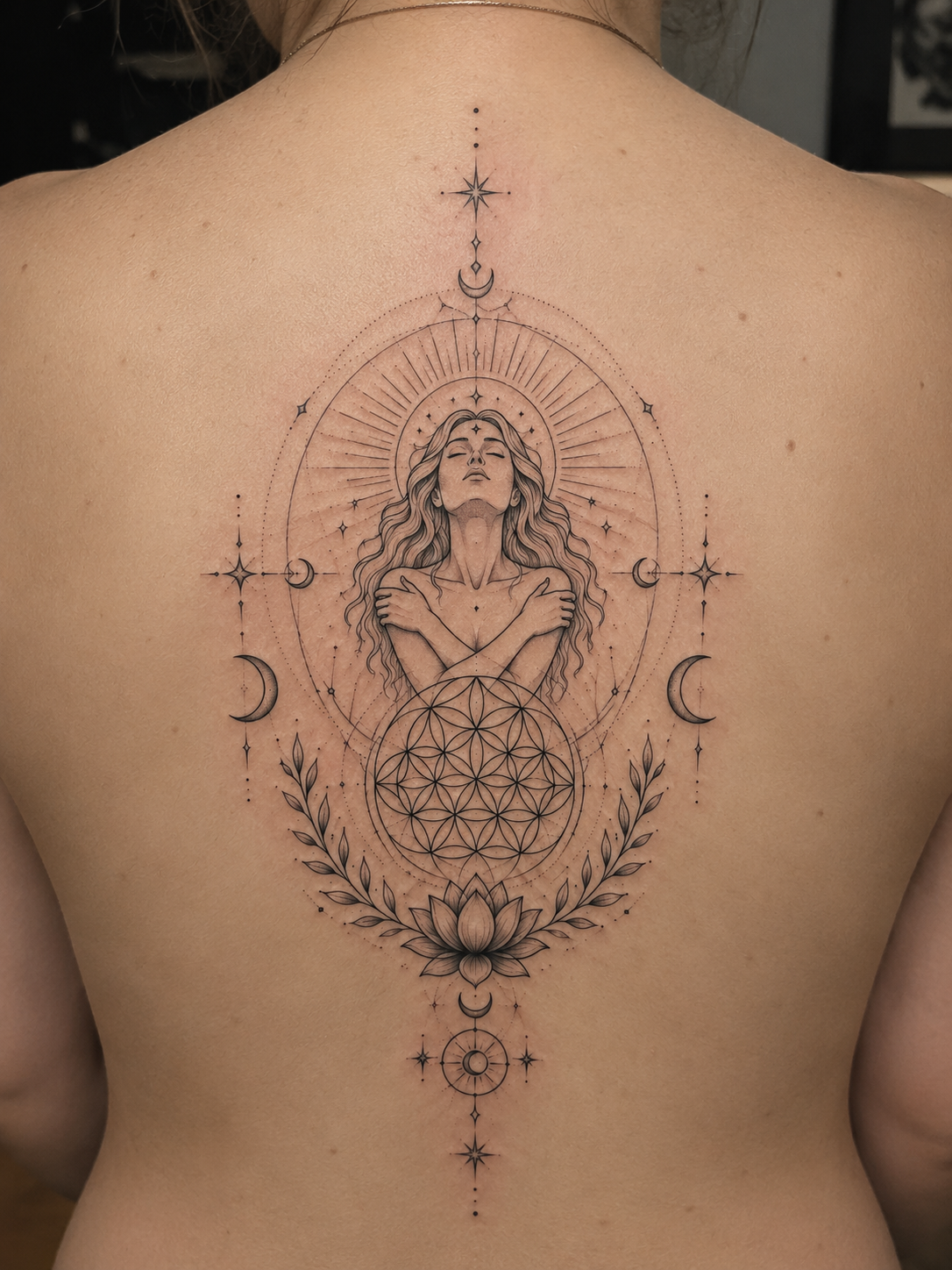 Tatouage complexe dans le dos d'une femme avec une figure féminine centrale, entourée de motifs géométriques, de lunes, d'étoiles, d'une fleur de lotus et de symboles lunaires, rayonnant de lignes et de détails.