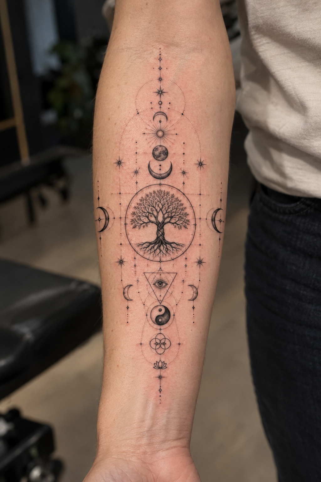 Tatouage sur le bras représentant un arbre au centre, entouré de symboles de phases de la lune, d'étoiles, d'une planète, de la lune, d'une sphère avec un œil, de la fleur de lotus, et de motifs géométriques.