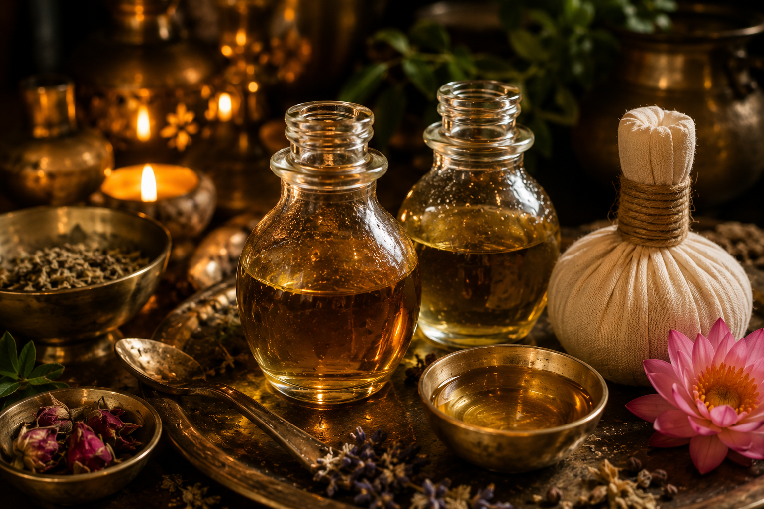 Bouteilles d'huiles essentielles en verre, bougies allumées, huiles, fleurs de lotus, et éléments d'aromathérapie dans une ambiance chaleureuse.