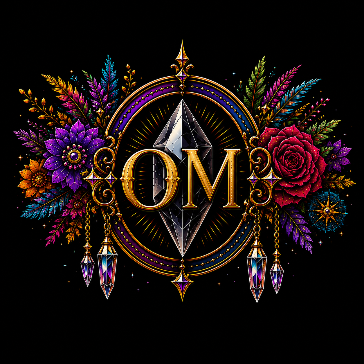 Logo de la cryptomonnaie Ethereum entouré de fleurs colorées et de bijoux suspendus, sur un fond noir.