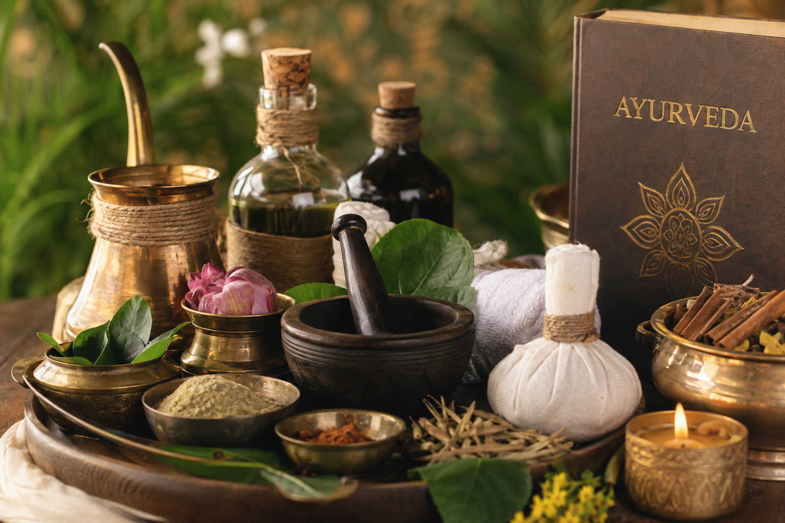 Instruments et ingrédients pour la pratique de l'Ayurveda, comprenant des fioles, un mortier et un pilon, des épices, des feuilles, une bougie, un livre sur l'Ayurveda, et des éléments décoratifs en métal, disposés sur une surface en bois avec un fond naturel verdoyant.