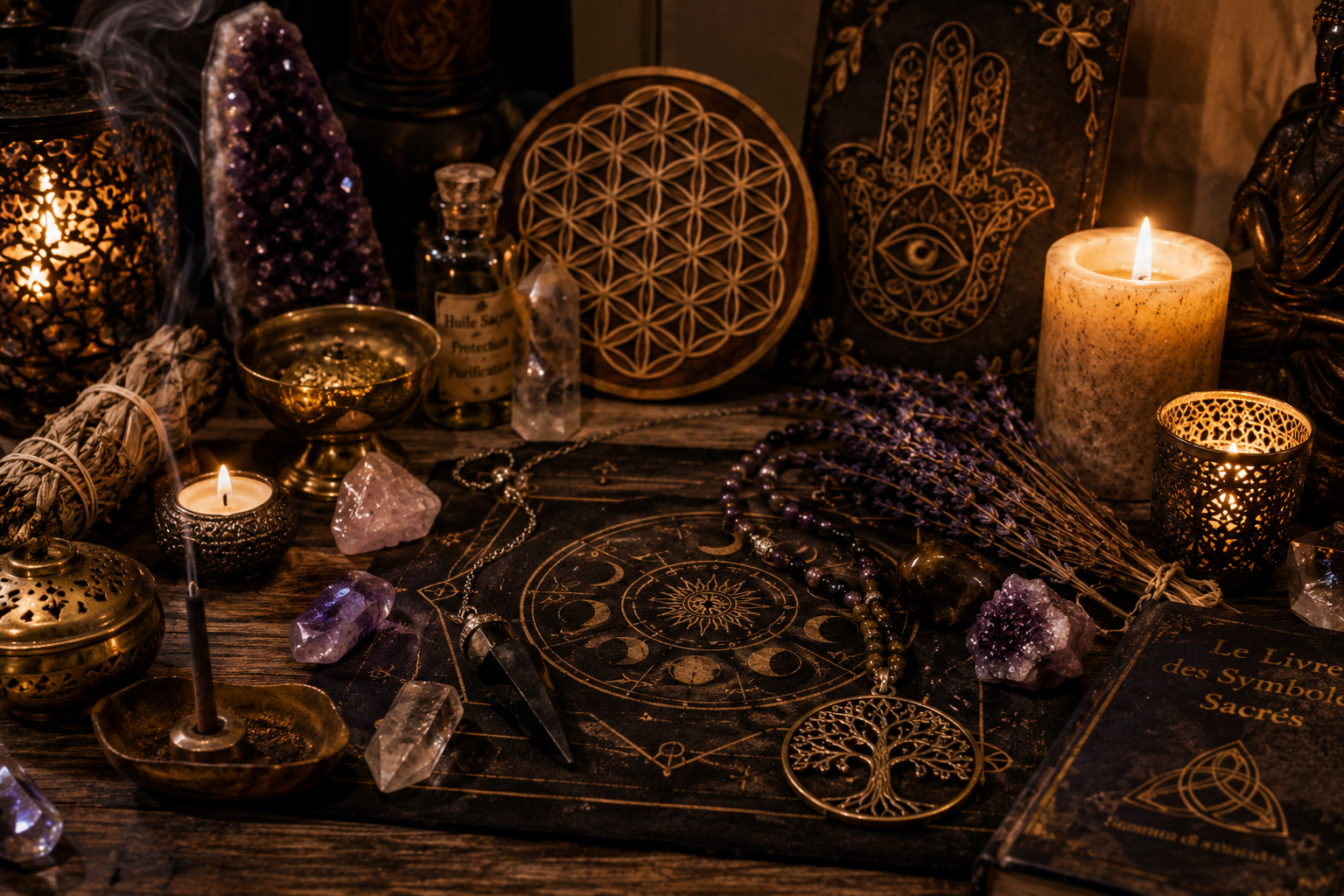 Altar avec bougies, cristaux, parchemins, et symboles occultes