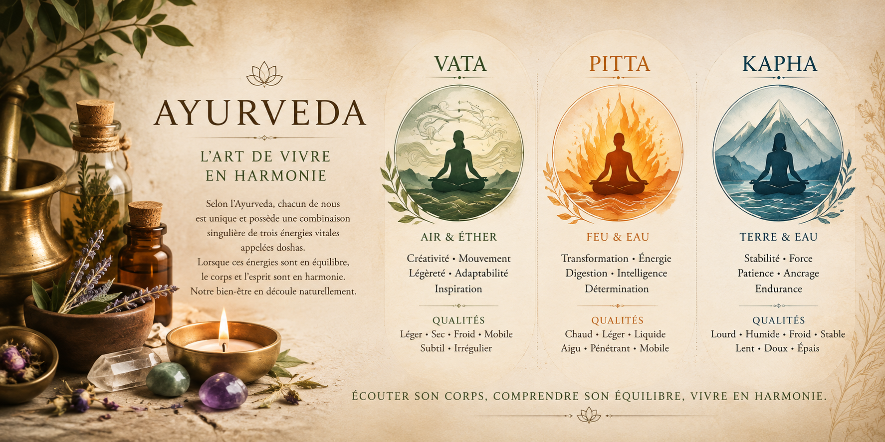 Infographie sur l'Ayurveda avec trois énergies : Vata, Pitta, Kapha, illustrées par des silhouettes méditant dans des environnements spécifiques. Description des qualités et éléments associés à chaque énergie, et conseils pour vivre en harmonie.