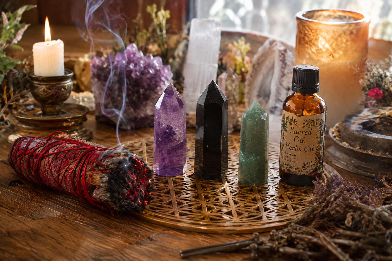 Table avec cristaux, bougies, huile essentielle, encens et éléments pour pratique spirituelle.