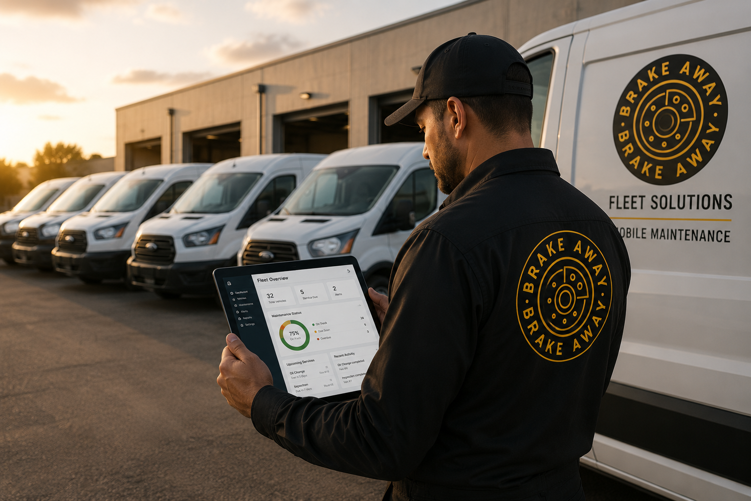 A man in a black jacket and cap holding a tablet with a fleet management dashboard, standing beside white fleet vans parked outside a warehouse at sunset.