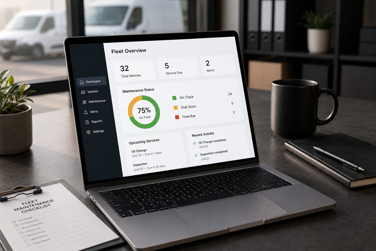 Laptop displaying a fleet management dashboard with vehicle overview, maintenance status, upcoming services, and recent activity, on a desk beside a black mug, a notebook, and a pen.