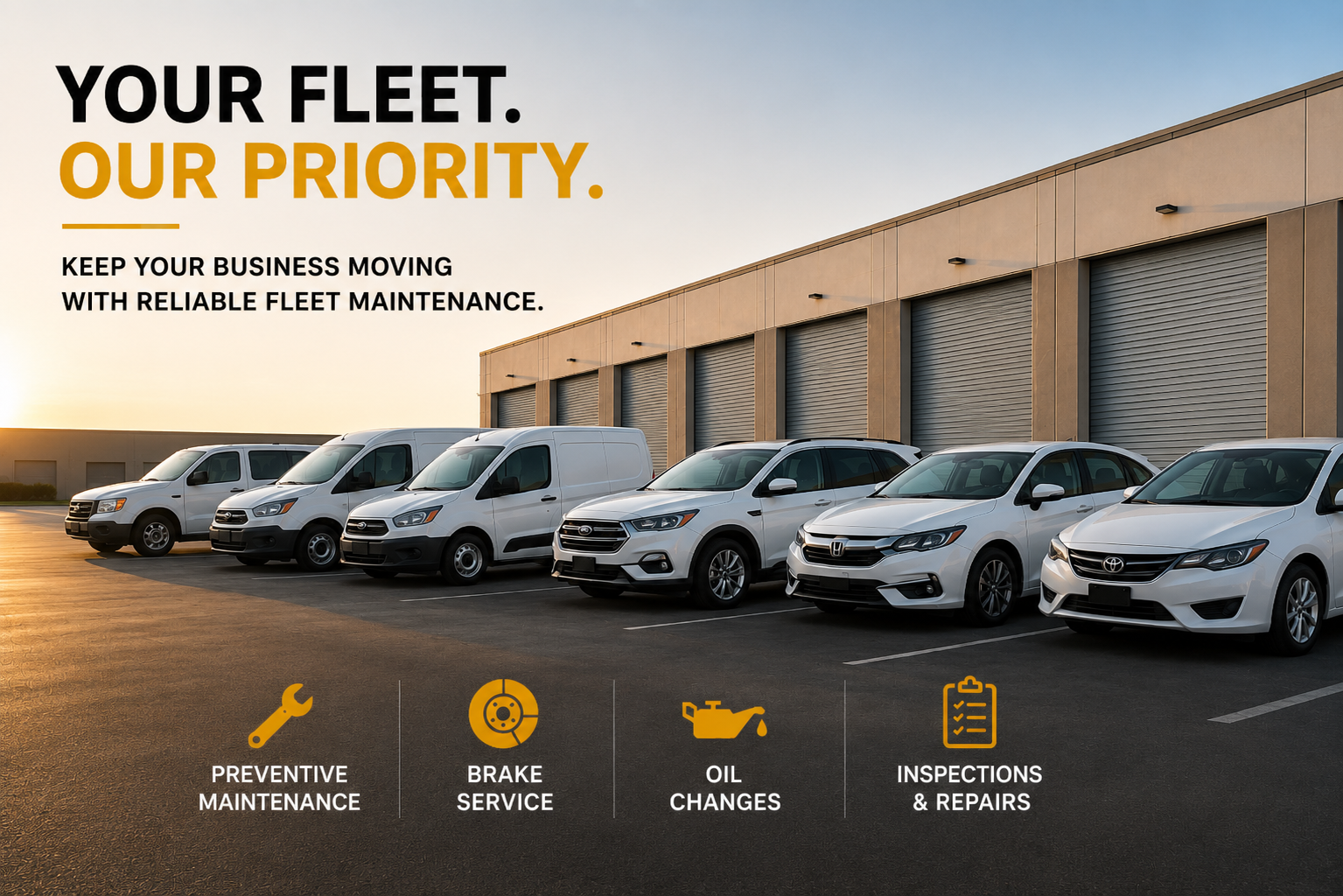 Line of white service vehicles parked outside a large industrial building at sunset, with promotional text and icons for vehicle maintenance services.