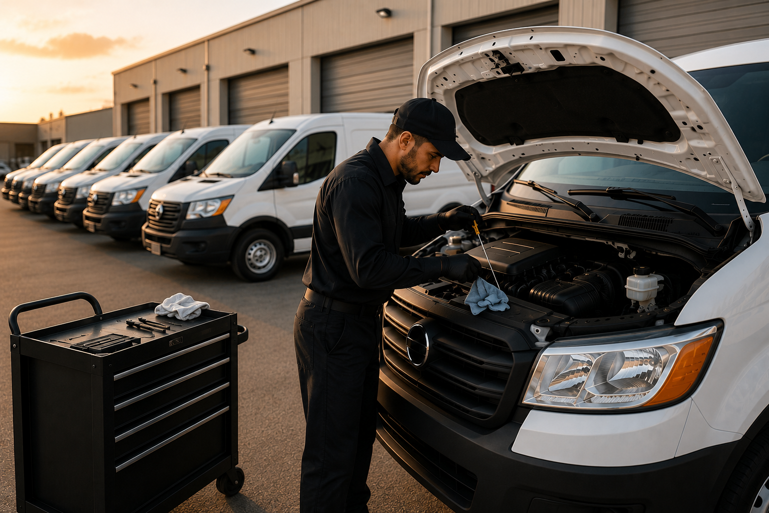 A mechanic working on a white van's engine in a row of similar vans outside a service garage during sunset.