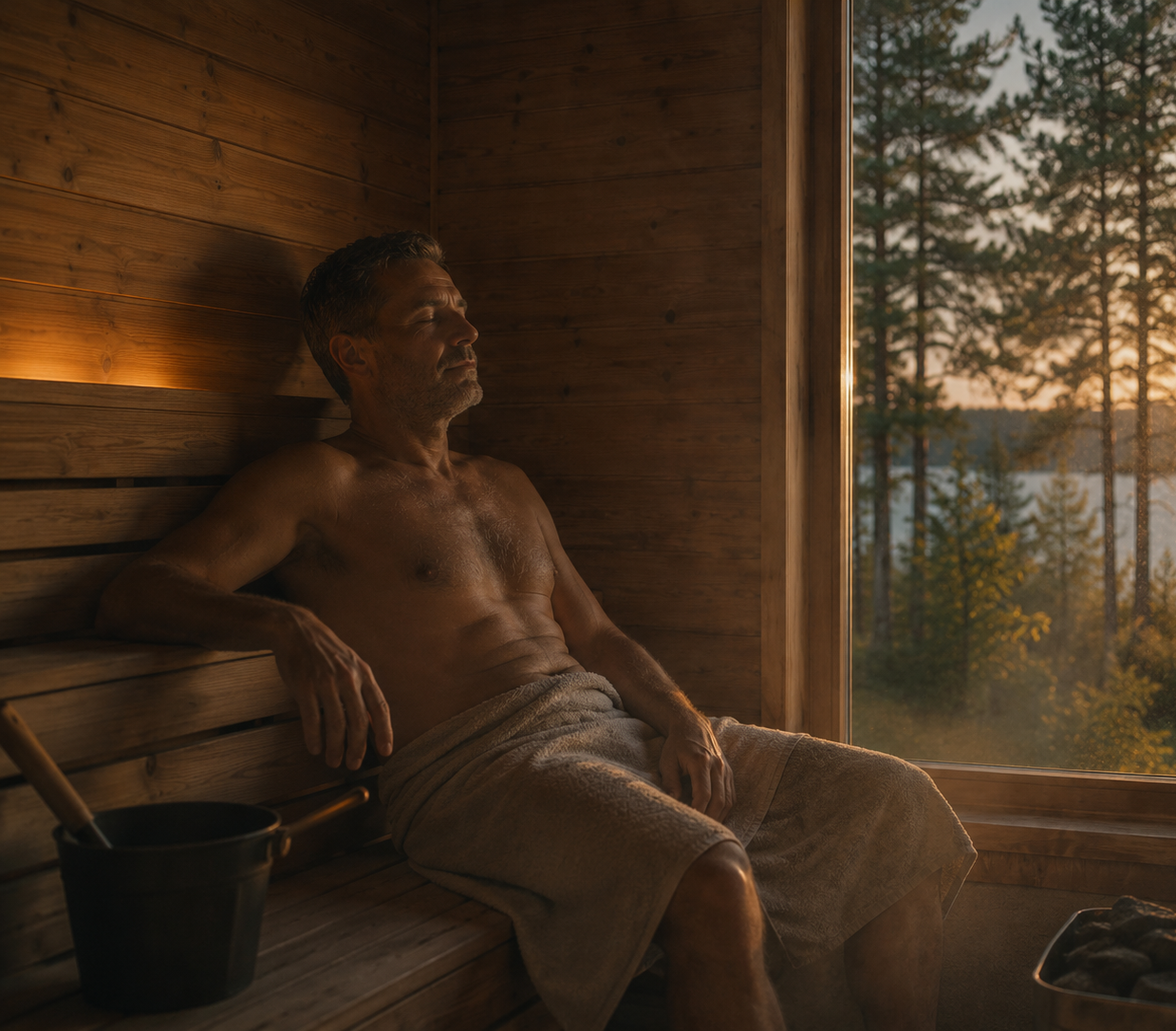 A man relaxing in a wooden sauna, sitting on a bench with his eyes closed, wearing a towel. Outside the window, trees and a sunset sky are visible.