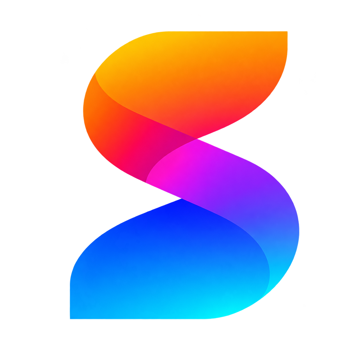 Colorful 3D spiral shape with gradient hues of yellow, orange, pink, purple, and blue, reflecting on a black surface.