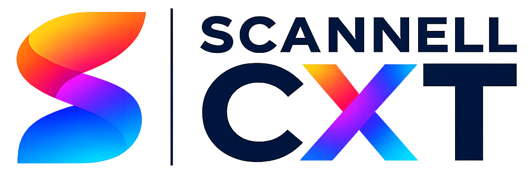 Colorful logo with the text "Scanell CXT" in bold, dark letters, featuring a large stylized letter "S" on the left side in gradient colors of orange, pink, purple, and blue.