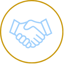 Outline of a handshake inside a black circle with a gold border