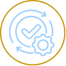 A graphic icon of a check mark inside a circle, with arrows and a gear symbol, representing process or system approval and settings.