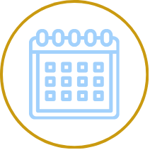 A blue calendar icon with a black circular background.