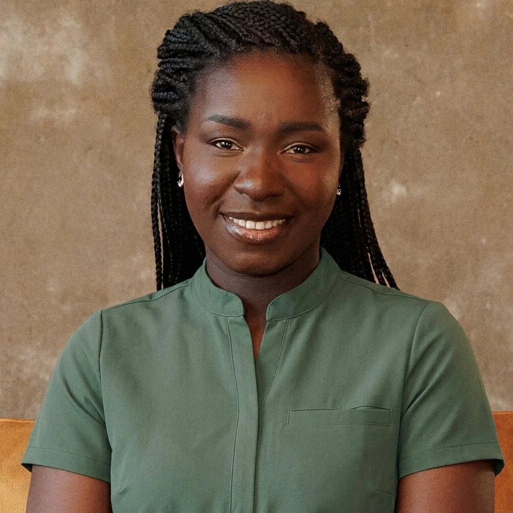 A smiling woman with dark braided hair wearing a green shirt, standing against a plain brown background.