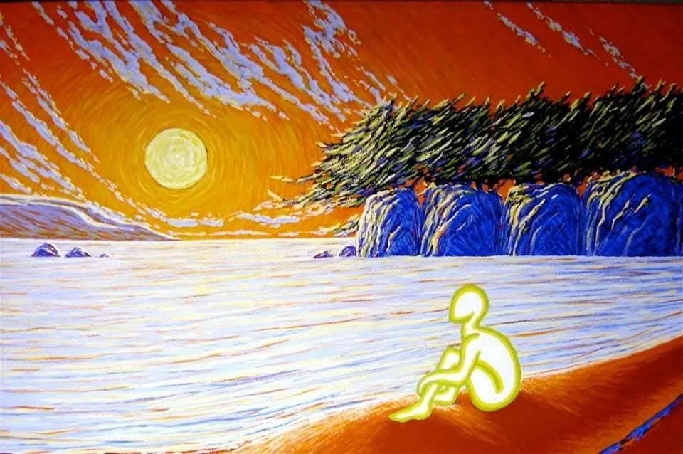 Untitled-Figure at an ocean shore. The third painting created after my near-death experience, derived from imagery associated with that experience.