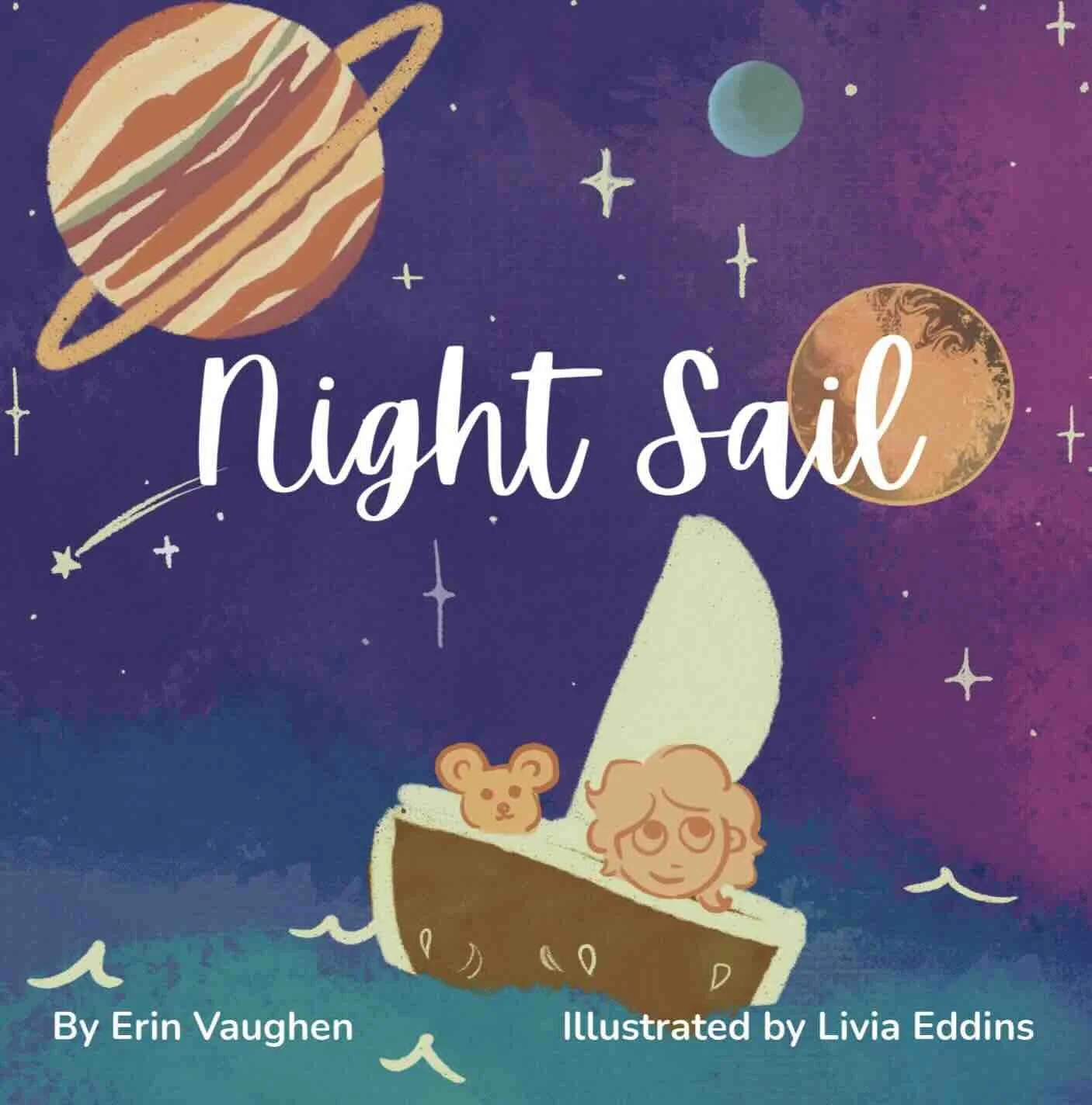 A colorful illustration of a child sailing a boat in space with planets, stars, and a shooting star in the background, with the title 'Night Sail' displayed prominently.