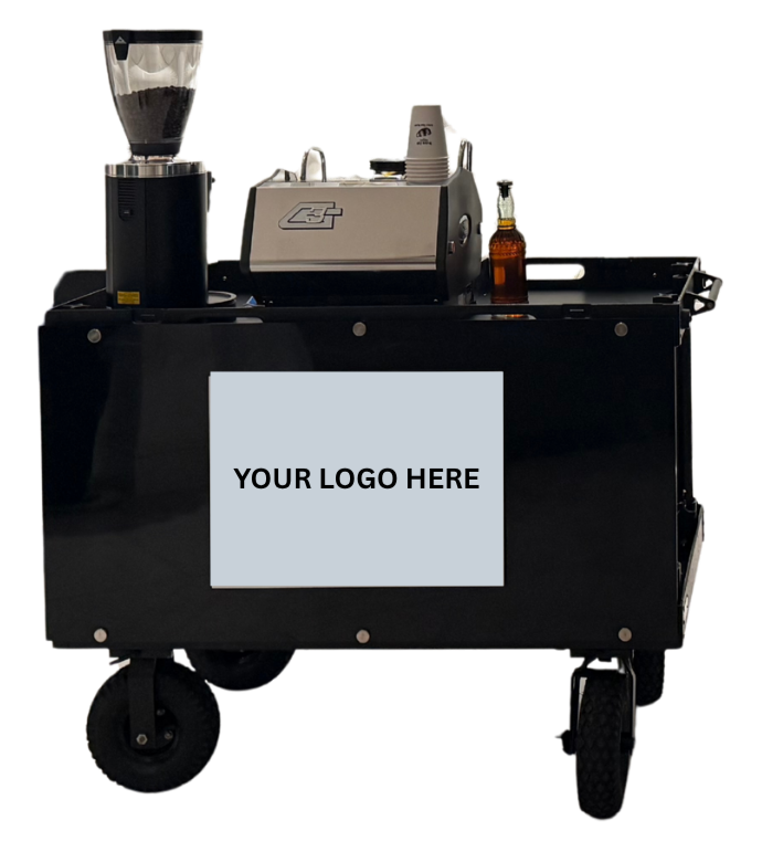 A mobile coffee cart with a coffee grinder, espresso machine, and a small bottle of syrup, featuring a sign that reads 'YOUR LOGO HERE'.