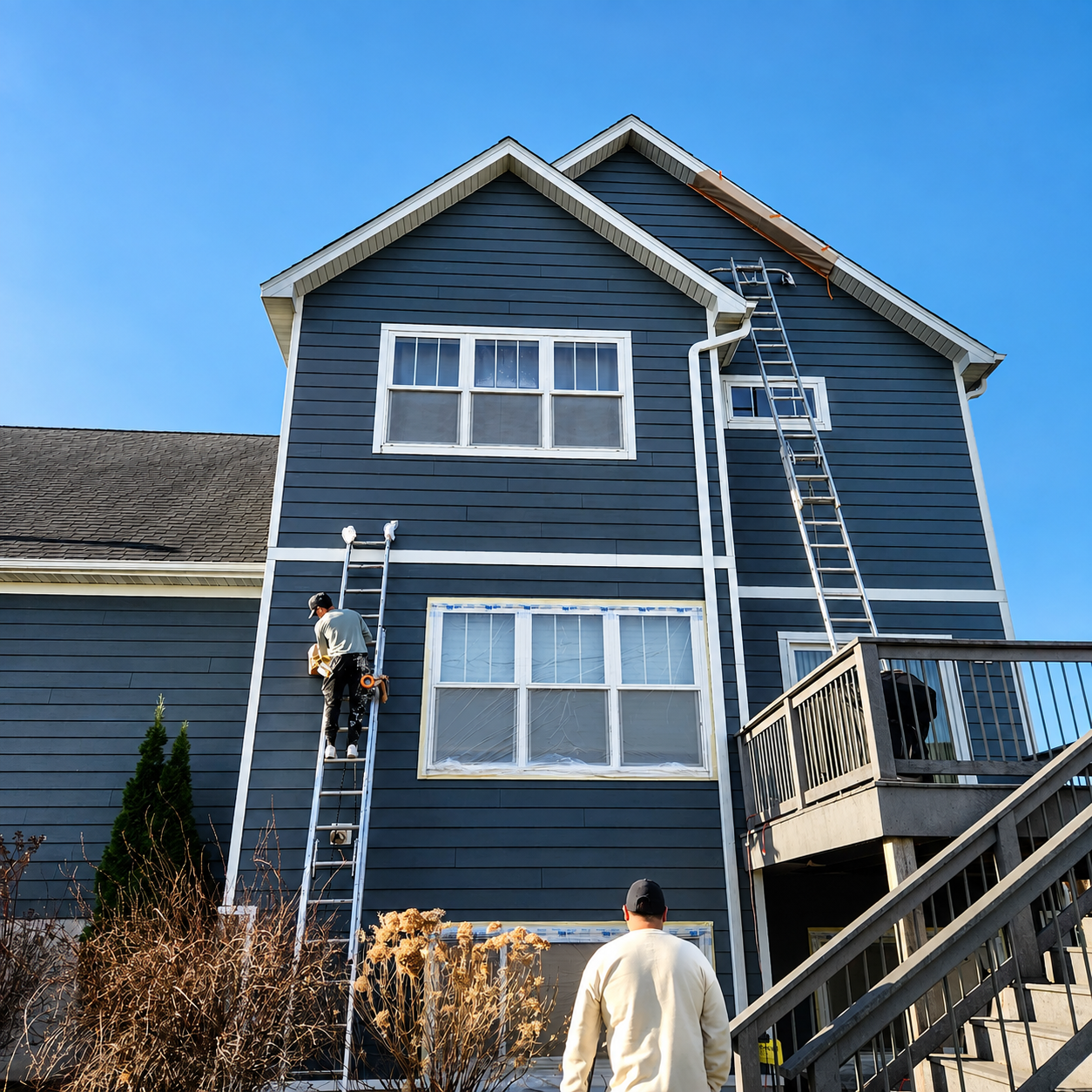 Maple Grove Exterior painting. We completed this exterior project in two days for this two story Maple Grove home. We used a blue color for the Masonite siding and white for the trim.