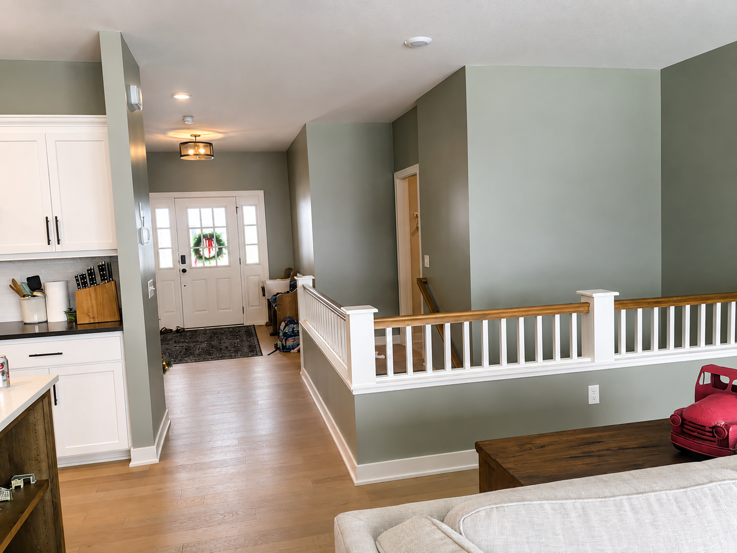 Main Level interior house repainting project in Prior Lake. We painted the living room, entry way, dining room, kitchen, and two bedrooms.
