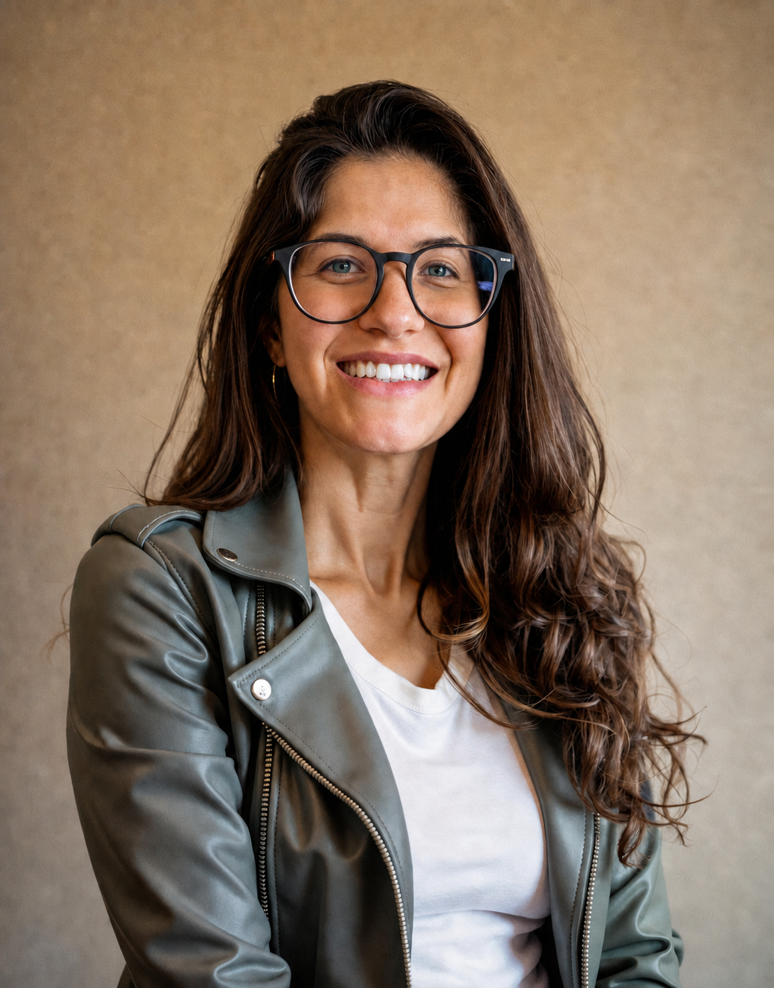 A woman with long, wavy brown hair, wearing glasses, a gray leather jacket, and a white shirt, smiling at the camera.