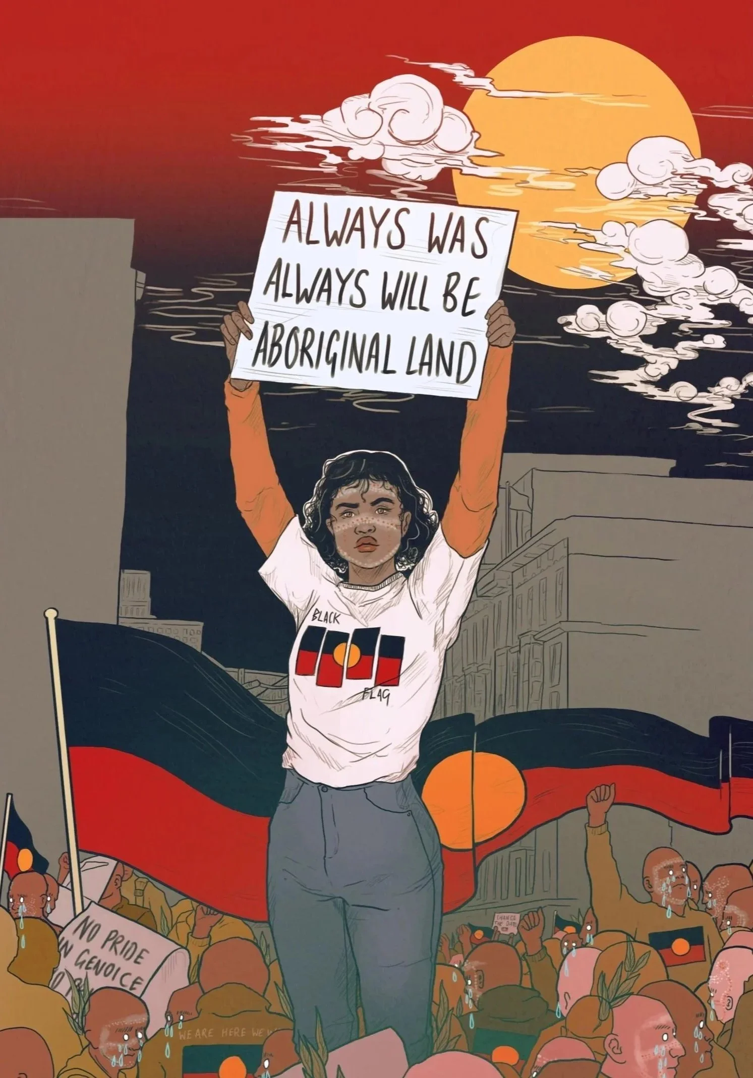 Protest scene with a person holding a sign that says 'Always was, Always will be Aboriginal land' in front of a large crowd, during sunset with clouds and the sun in the background.